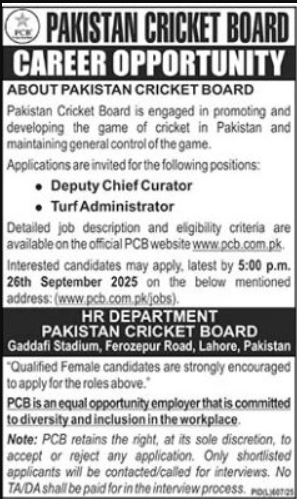 Pakistan Cricket Board PCB Lahore Apply Jobs 2025 Pakistan Cricket Board PCB Lahore Jobs 2025
